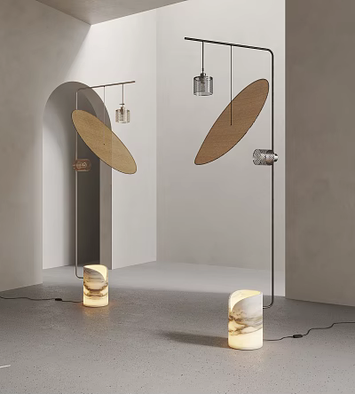 Modern Arc Shaped Floor Lamp With Wooden Shade And Marble Base 3d model