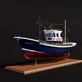 Detailed Decorative Model Ship With White Blue Green And Red Hull On Wooden Base