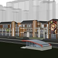 Vibrant Commercial Street With Modern Architecture Green Landscaping Pedestrians And Retail Shops