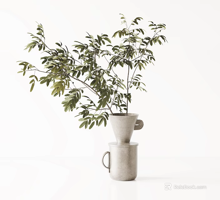 Decorative Double Layered Vase With Handle Holding Indoor Green Leaf Plant 3d model 