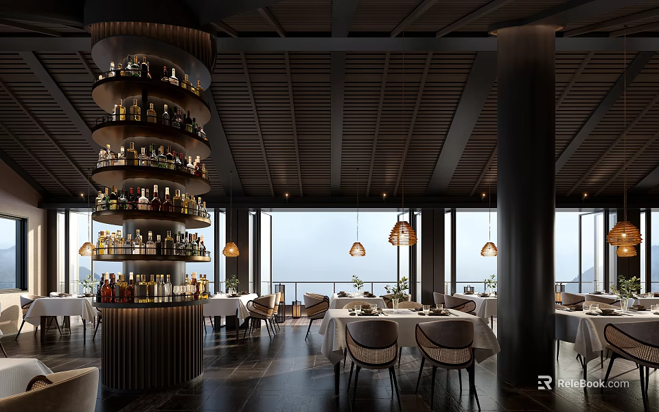 Elegant Modern Restaurant Interior With Spiral Wine Rack Pendant Lights Dining Tables And Sea View 3d model 