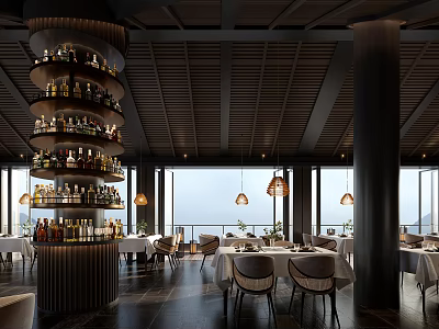 Elegant Modern Restaurant Interior With Spiral Wine Rack Pendant Lights Dining Tables And Sea View 3d model