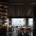 Elegant Modern Restaurant Interior With Spiral Wine Rack Pendant Lights Dining Tables And Sea View