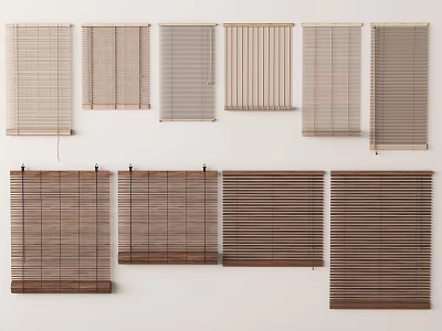 Various Styles of Wooden Window Blinds in Natural Brown and Gray Tones 3d model