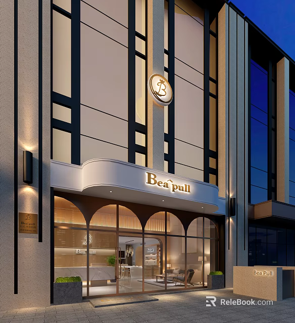 Bea'pull Mall Store Modern Exterior With Arched Glass Windows And Evening Lighting Design 3d model 