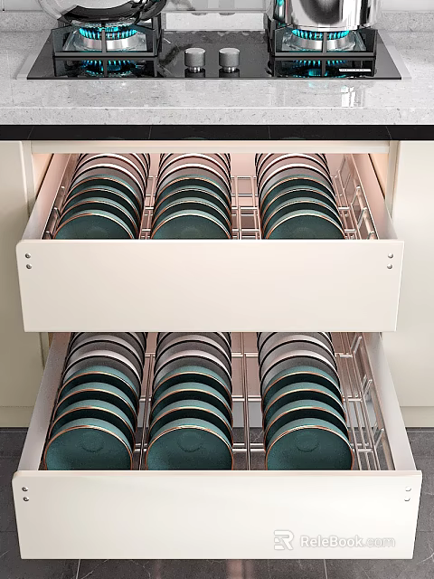 Modern Kitchen Cabinet Drawers With Metal Racks For Organized Plate Storage 3d model 