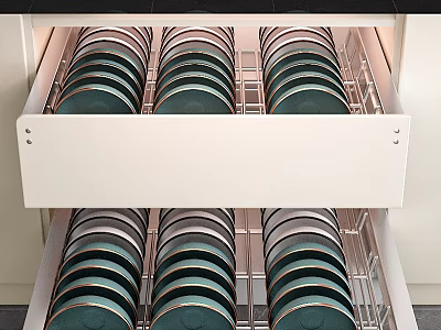 Modern Kitchen Cabinet Drawers With Metal Racks For Organized Plate Storage 3d model