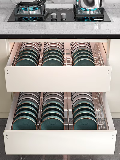 Modern Kitchen Cabinet Drawers With Metal Racks For Organized Plate Storage 3d model
