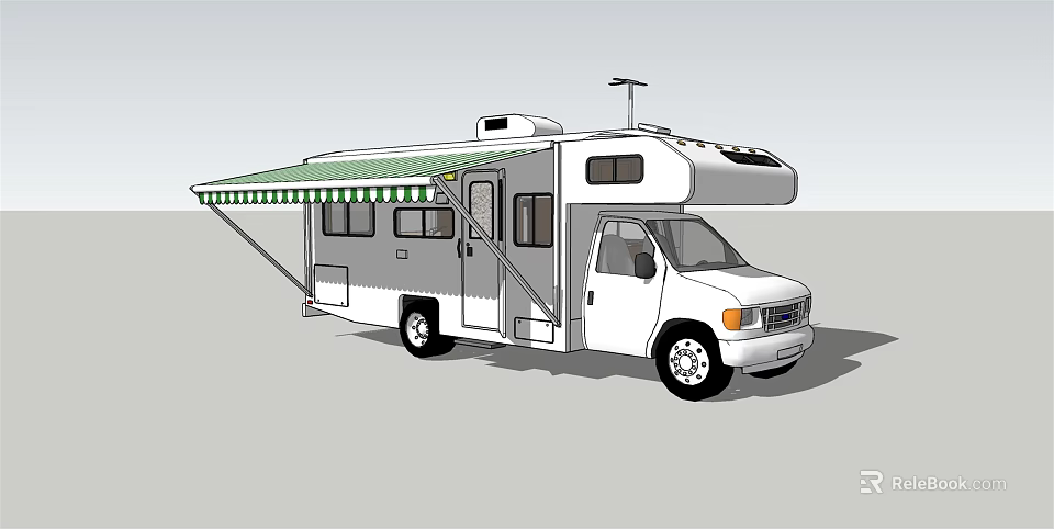 White Recreational Vehicle With Green And White Striped Awning Roof Antenna And Silver Door 3d model 