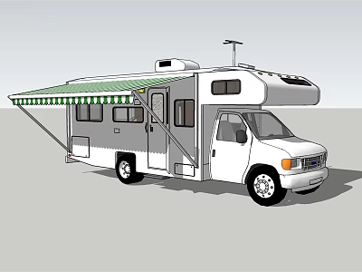 White Recreational Vehicle With Green And White Striped Awning Roof Antenna And Silver Door 3d model