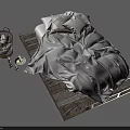 Wooden Pallet Double Bed Featuring Gray Bedding White Pillows And Woven Basket On Neutral Background