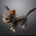 Cute Standing Cartoon Kitten With Gray Striped Fur And Orange Inner Ears