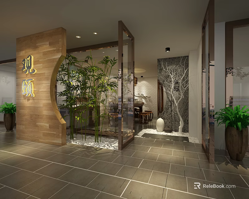 Modern Elevator Lobby Design With Wooden Decor Green Plants Glass Partitions And Tiled Flooring 3d model 