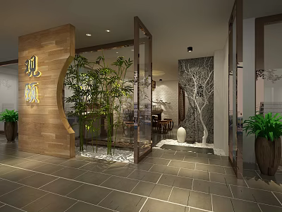 Modern Elevator Lobby Design With Wooden Decor Green Plants Glass Partitions And Tiled Flooring 3d model