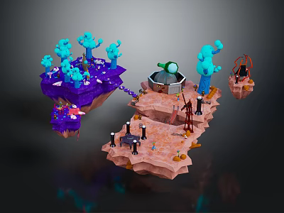 Vibrant Cartoon Scene With Floating Islands Round Structure Blue Plants Colorful Terrain And Tiny Figures 3d model