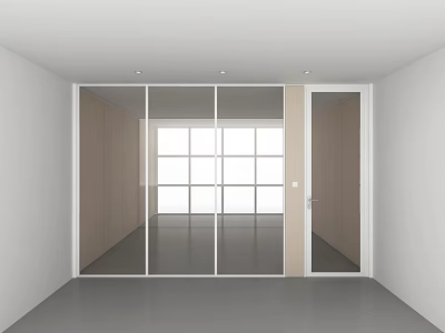 White Wall Room Interior With Sliding Glass Doors And Wooden Door Ceiling Lights Design 3d model