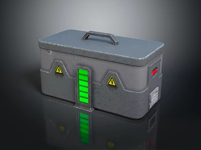 Gray Metal Equipment Case With Handle Green Indicator Lights Yellow Warning Signs And Red Button 3d model