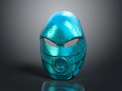 Blue Metallic Mask Showcasing Smooth Surface Eye Holes Circular Mouthpiece On Gray Background With Reflection 3d model