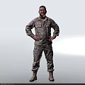 Game Movie Character in Camouflage Military Uniform with Hands on Hips Standing Against Gray Background