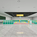 Indoor Children's Activity Space With Colorful Floor Green Yellow Walls White Front Desk Ceiling Lights
