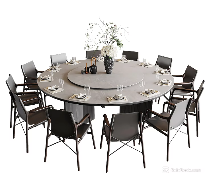Modern Round Dining Table Set with 10 Black Chairs Centerpiece Vase and Tableware 3d model