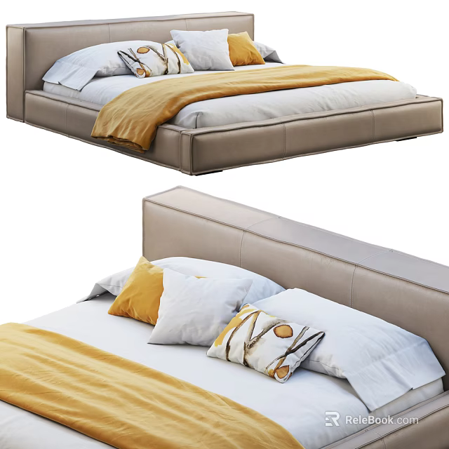 Modern Double Bed With Upholstered Headboard And Yellow White Pillows Soft Bedding 3d model