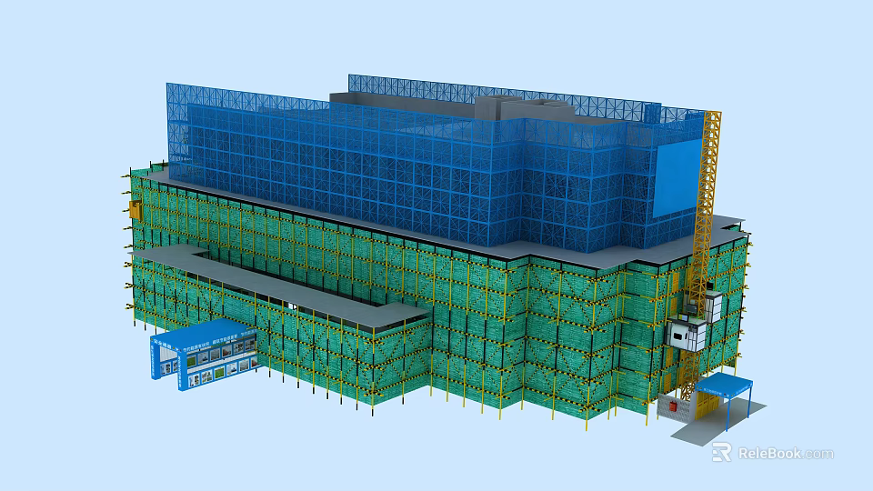 Construction Site With Green Scaffolding Blue Safety Netting Tower Crane And Temporary Office 3d model 