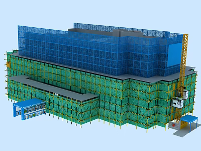 Construction Site With Green Scaffolding Blue Safety Netting Tower Crane And Temporary Office 3d model