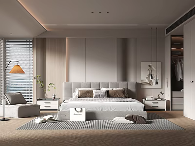 Modern Bedroom Interior Design With Bed Nightstands Rug Floor Lamp And Plant 3d model