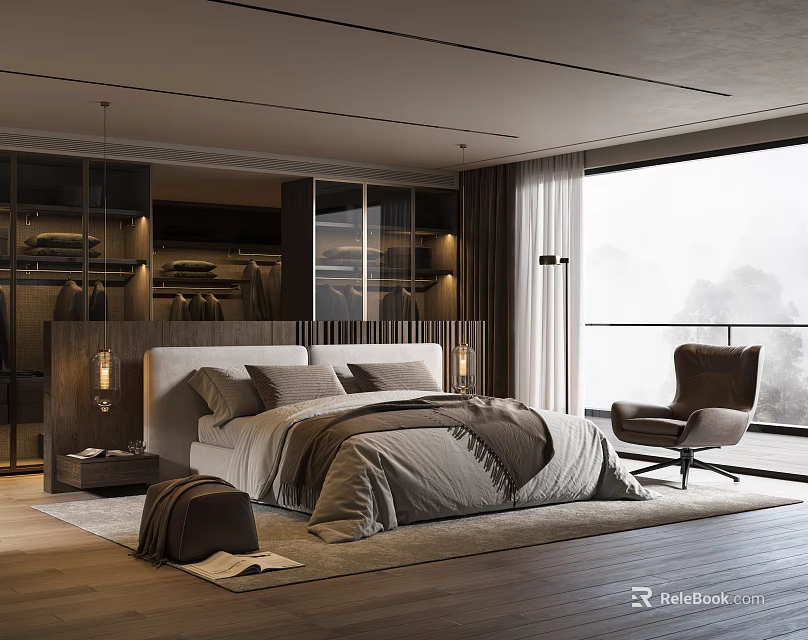 Modern Bedroom Interior With Comfortable Bed Large Window Wooden Floor And Armchair 3d model 