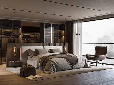 Modern Bedroom Interior With Comfortable Bed Large Window Wooden Floor And Armchair 3d model