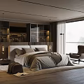Modern Bedroom Interior With Comfortable Bed Large Window Wooden Floor And Armchair