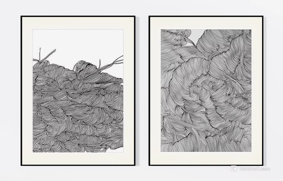 Abstract Paintings With Black And White Line Textured Patterns Framed 3d model