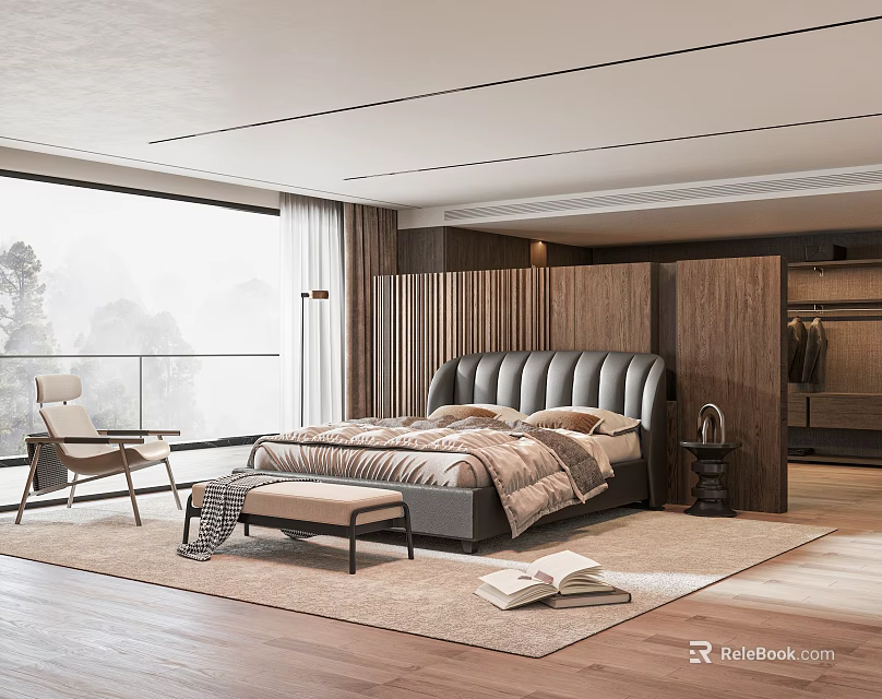 Modern Bedroom Interior With Upholstered Bed Wooden Floor Large Window And Walk In Closet 3d model 