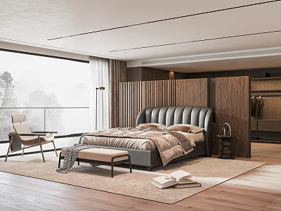 Modern Bedroom Interior With Upholstered Bed Wooden Floor Large Window And Walk In Closet 3d model