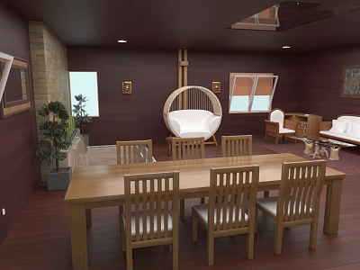 Hotel Guest Room With Dark Wooden Walls Floors Rectangular Dining Table And Round Hanging Chair 3d model