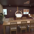 Hotel Guest Room With Dark Wooden Walls Floors Rectangular Dining Table And Round Hanging Chair