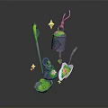Green And Gray 3D Model Components With Tool Shaped Parts And Yellow Stars