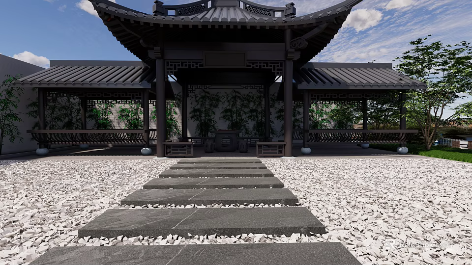 Traditional Chinese Garden Landscape With Pavilion Stone Steps Pebble Ground And Green Plants 3d model 