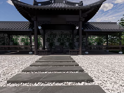 Traditional Chinese Garden Landscape With Pavilion Stone Steps Pebble Ground And Green Plants 3d model