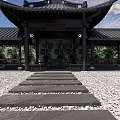 Traditional Chinese Garden Landscape With Pavilion Stone Steps Pebble Ground And Green Plants
