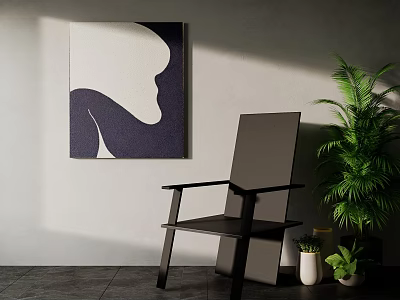 Minimalist Abstract Painting on Wall with Black Chair and Green Plant in Modern Interior 3d model