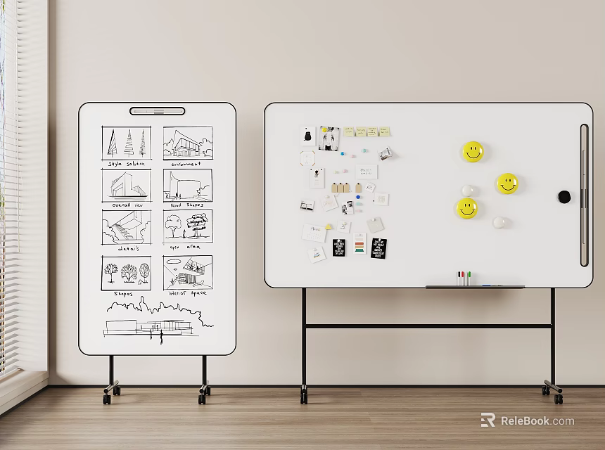 Musical Instrument Art Supplies Display With Drawing Tools Notes And Smiley Stickers On Whiteboard 3d model 