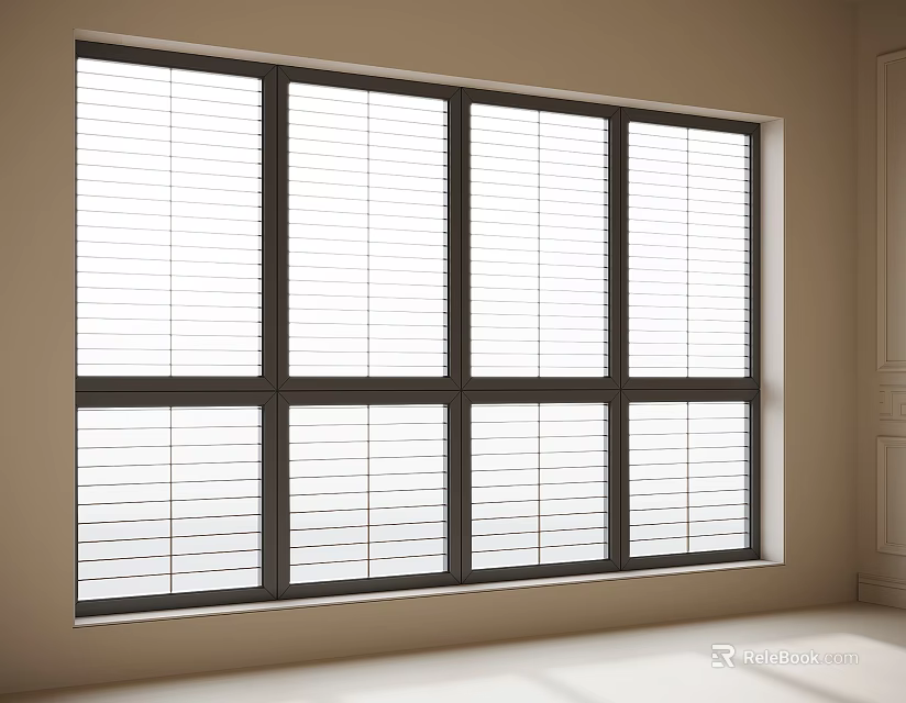Room Interior With Large Window Featuring White Blinds And Dark Frame On Beige Wall 3d model 