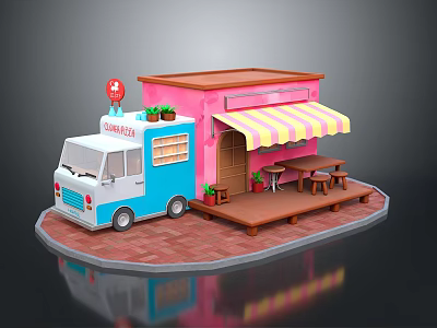 Colorful Food Truck Featuring Pink Blue Body Striped Awning Fresh Food Sign And Tables Chairs 3d model