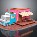 Colorful Food Truck Featuring Pink Blue Body Striped Awning Fresh Food Sign And Tables Chairs
