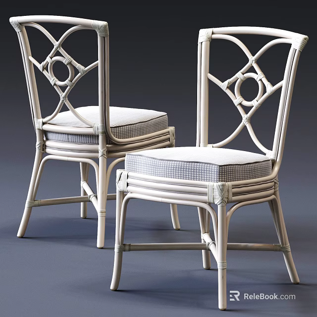 Light Colored Rattan Dining Chairs With Elegant Back Design And Upholstered Seats 3d model 