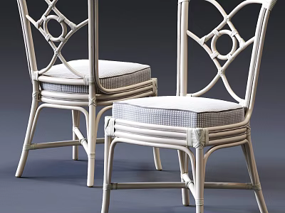 Light Colored Rattan Dining Chairs With Elegant Back Design And Upholstered Seats 3d model