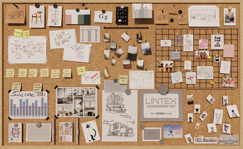 Corkboard Photo Wall with Creative Sketches Notes Charts LINTEX Design Drawings 3d model 