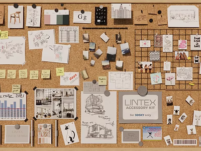 Corkboard Photo Wall with Creative Sketches Notes Charts LINTEX Design Drawings 3d model